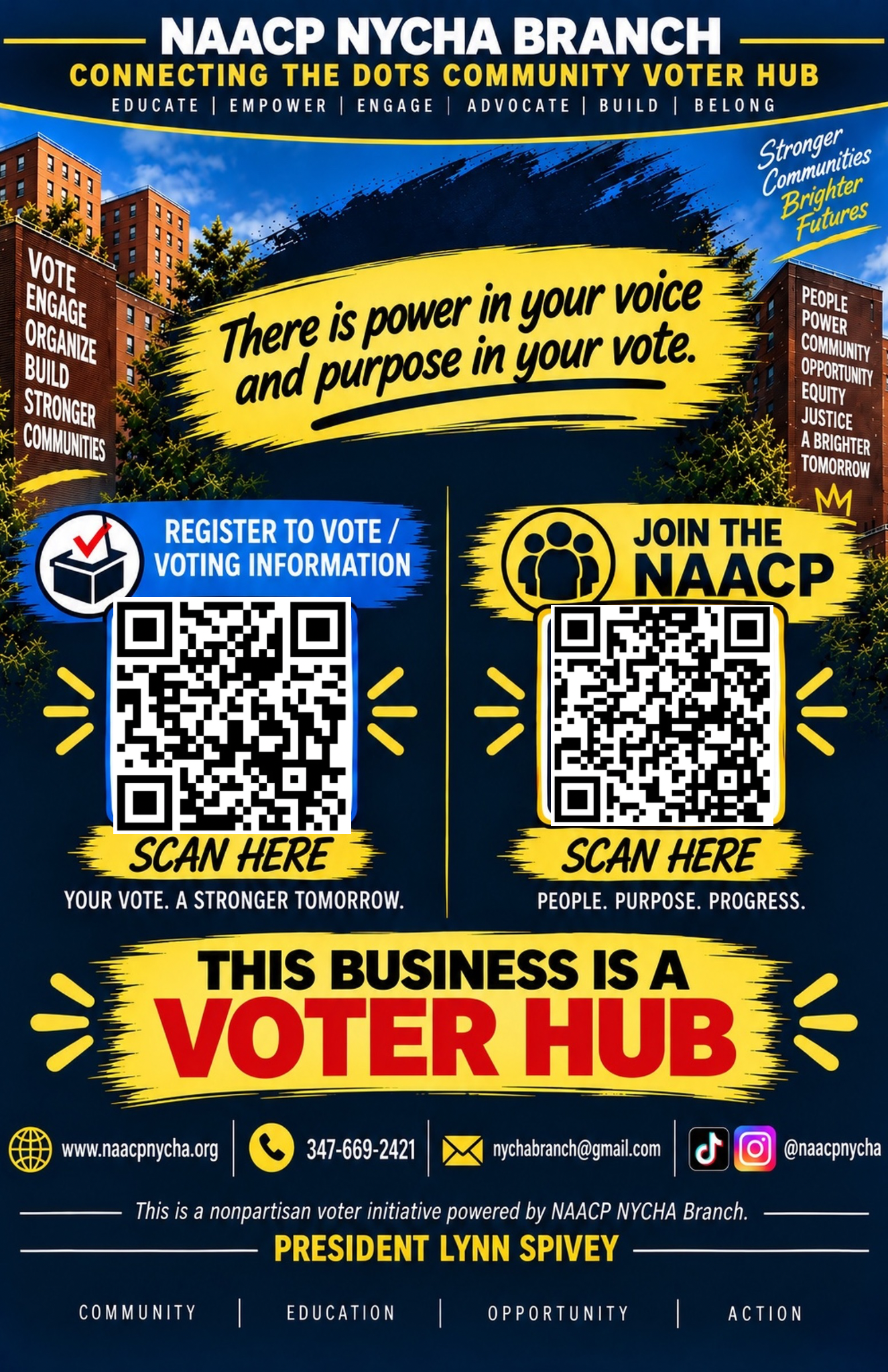 NAACP NYCHA Branch Connecting the Dots Community Voter Hub flyer — There is power in your voice and purpose in your vote.